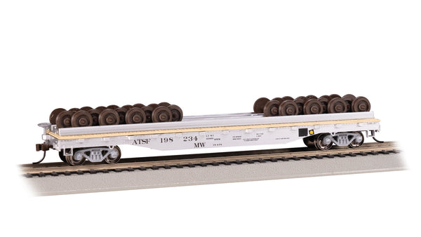 Bachmann HO Scale 52 foot Wheel Flatcar with Wheel Load Santa Fe #198234 18937 exact product view