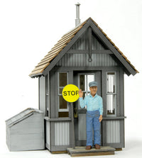 Banta Modelworks 6065 O scale Crossing Shanty kit, assembled front view; figure is separate.