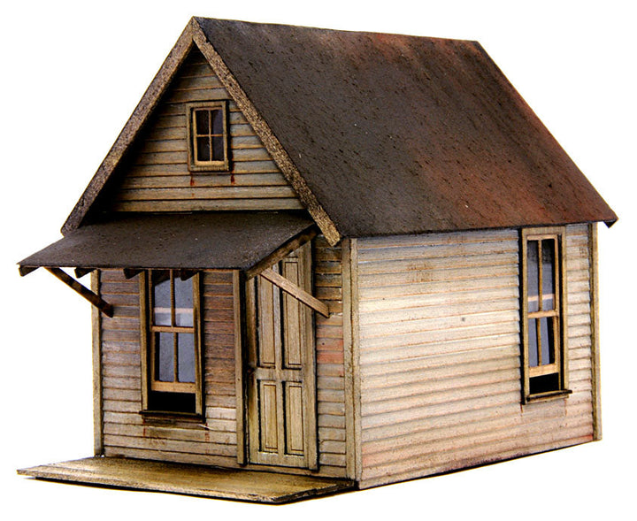 Banta Modelworks 6078 O scale Miners Cabin kit, assembled and weathered example.