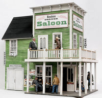 Banta Modelworks 6111 Roubies Saloon O scale kit, assembled corner building; figures and detail accessories are separate.