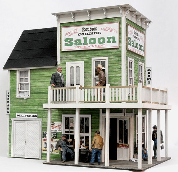Banta Modelworks 6111 Roubies Saloon O scale kit, assembled corner building; figures and detail accessories are separate.