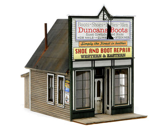 Banta Modelworks 6120 Duncan's Boots O scale kit, assembled and painted storefront.