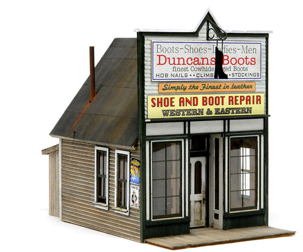 Banta Modelworks 6120 Duncan's Boots O scale kit, assembled and painted storefront.