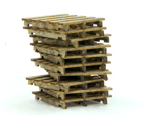 Banta Modelworks 725 O scale wood pallet kit, stack of assembled and weathered pallets.
