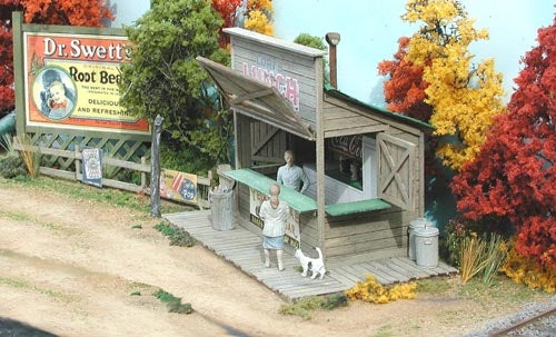 Bar Mills Swanson's Lunch Stand, assembled and painted manufacturer display view; scenery and figures illustrate a finished layout