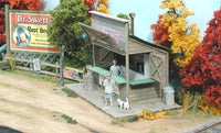 Bar Mills Swanson's Lunch Stand, assembled and painted manufacturer display view; scenery and figures illustrate a finished layout