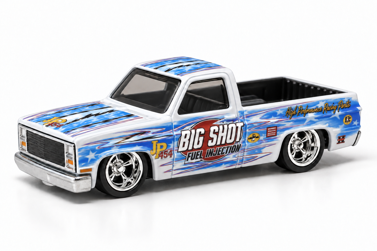 Big Shot Fuel Injection decal application mockup on the regular Hot Wheels ’83 Chevy Silverado single-cab short-bed casting.