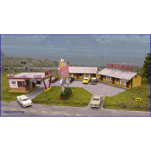 Blair Line HO Scale Sunset Motel Kit, Office: 5 x 3-5/16" (12.7 x 8.4 cm); Units: 6-1/2 x 2-3/4" (16.5 x 6.9 cm) – 2001 — exact product reference