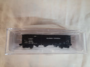 Bluford Shops 74174 N scale Illinois Terminal I.T.C. 4849 three-bay offset-side hopper, side view in clear storage case.
