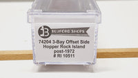Bluford Shops 74204 N scale Rock Island R.I. 10511 three-bay offset-side hopper, package end label confirming item 74204 and road number.