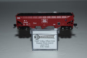 Bluford Shops 74207 N scale Rock Island R.I. 10485 three-bay offset-side hopper, side view with coal load and package identification.