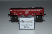 Bluford Shops 74207 N scale Rock Island R.I. 10485 three-bay offset-side hopper, side view with coal load and package identification.