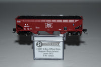 Bluford Shops 74207 N scale Rock Island R.I. 10485 three-bay offset-side hopper, opposite side view with coal load and package identification.