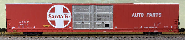 Bluford Shops 86820 N scale Santa Fe ATSF 36716 86-foot auto parts boxcar, manufacturer side-view photo showing red body, silver doors and roof, white Santa Fe cross logo and AUTO PARTS lettering. Track and background scenery not included.