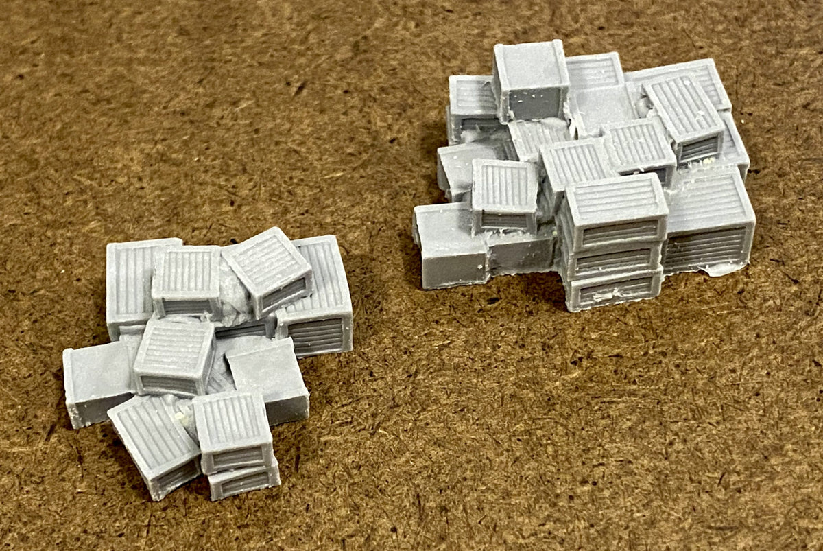 Bar Mills 01004 N scale crate stacks, two unpainted resin castings