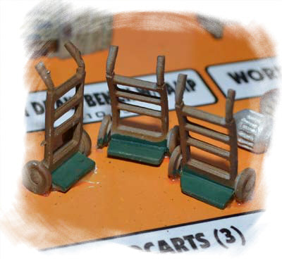 Bar Mills 04005 O scale handcarts - three painted examples