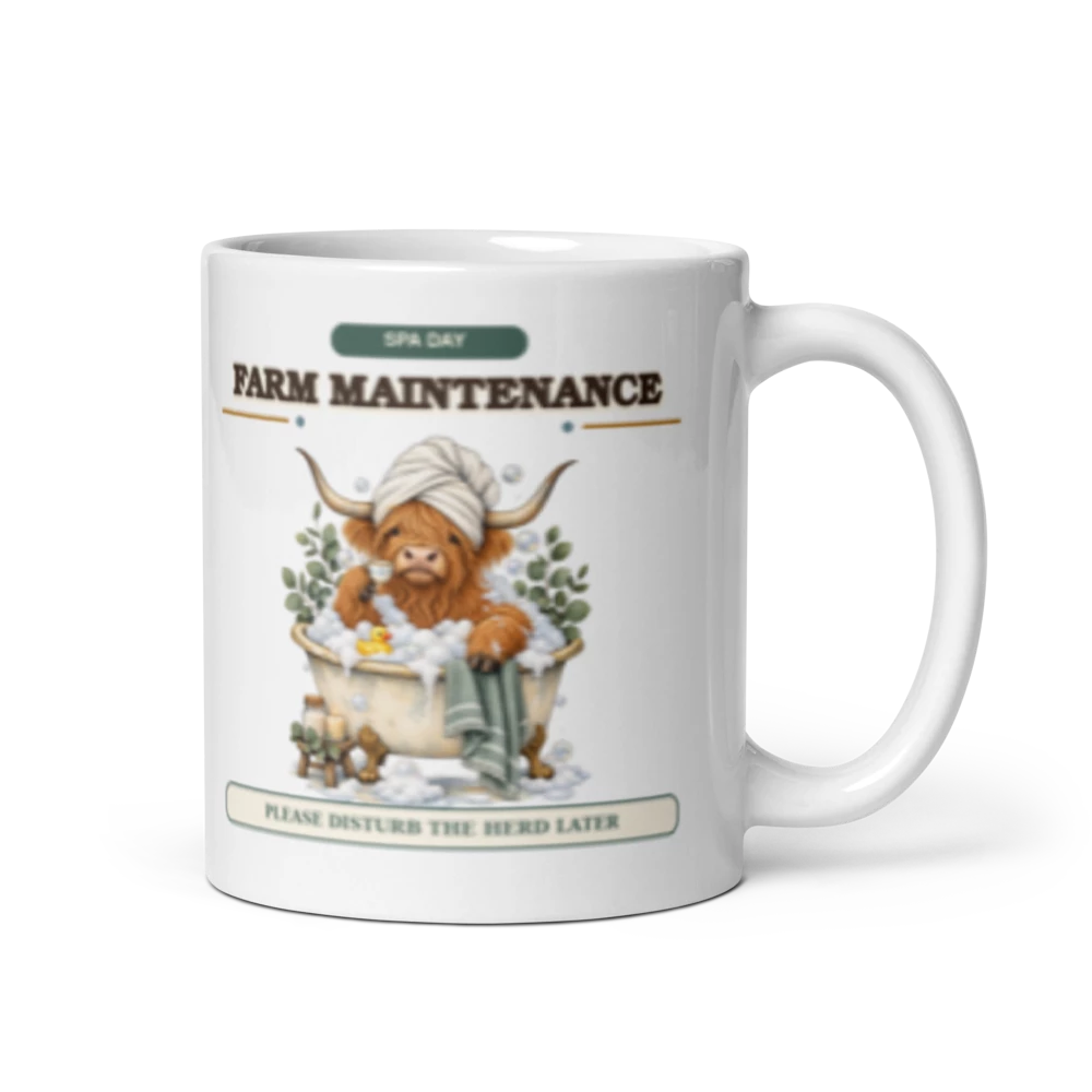 Spa Day Farm Maintenance Highland Cow Mug product mockup