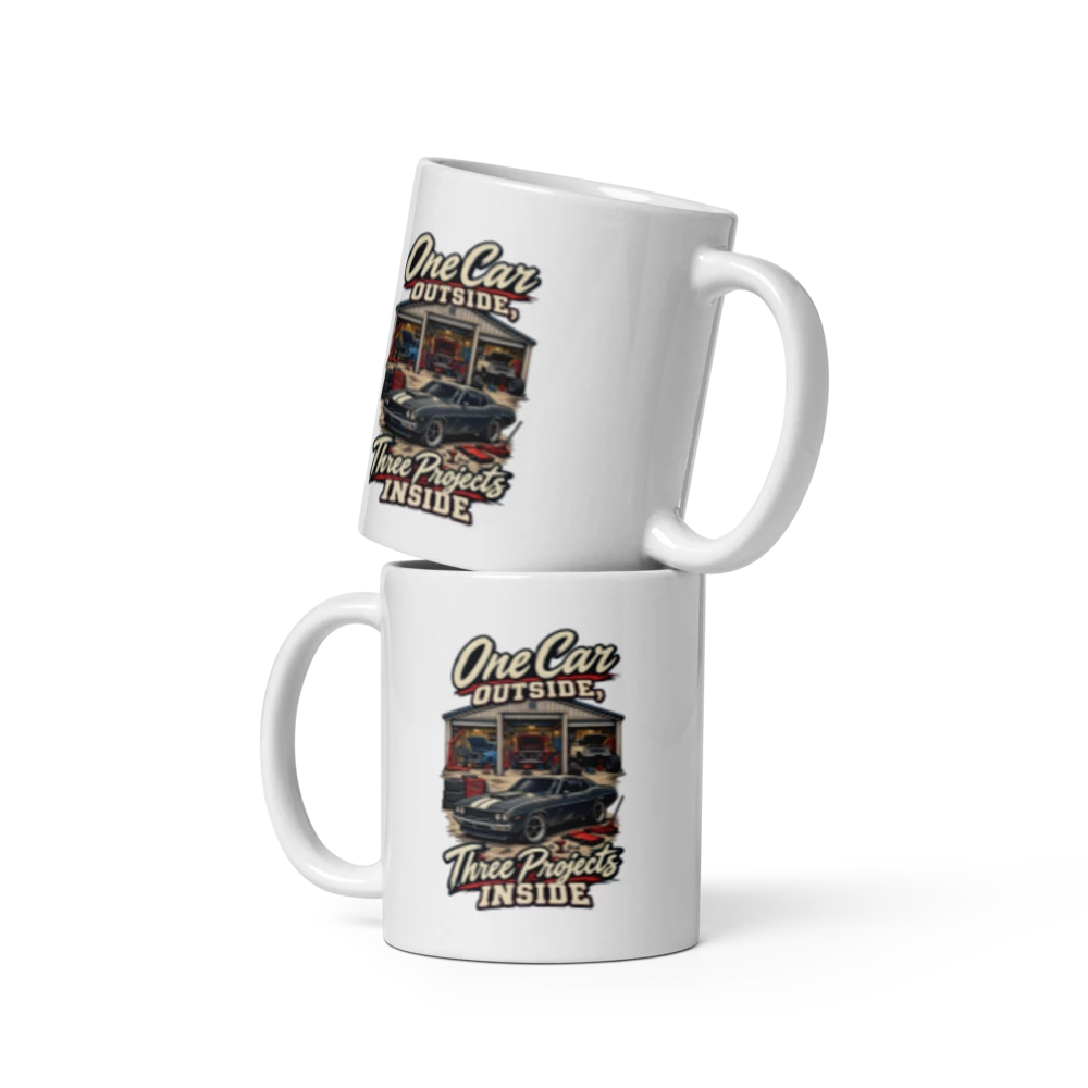 One Car Outside Three Projects Inside Coffee Mug – 11 oz product mockup
