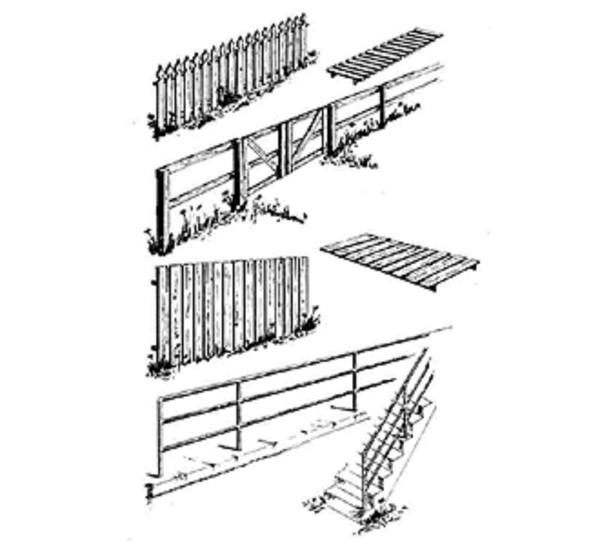 Central Valley HO Fences and Railings – 4-Sprue Pack 1601 – parts or assembled example