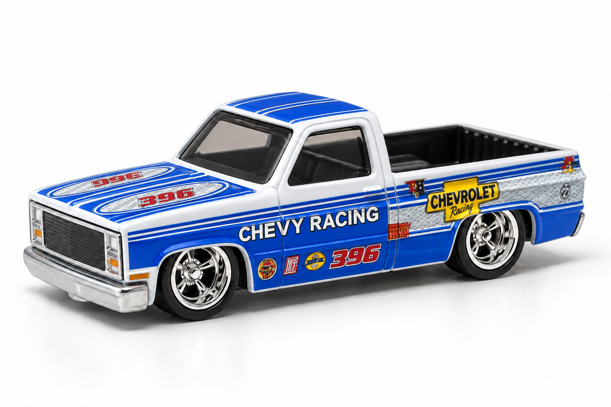 Chevy Racing Blue decal application mockup on the regular Hot Wheels ’83 Chevy Silverado single-cab short-bed casting.