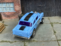 Tri-Five-Terror Chevy Gasser custom Hot Wheels, rear view with black striping and purple glazing