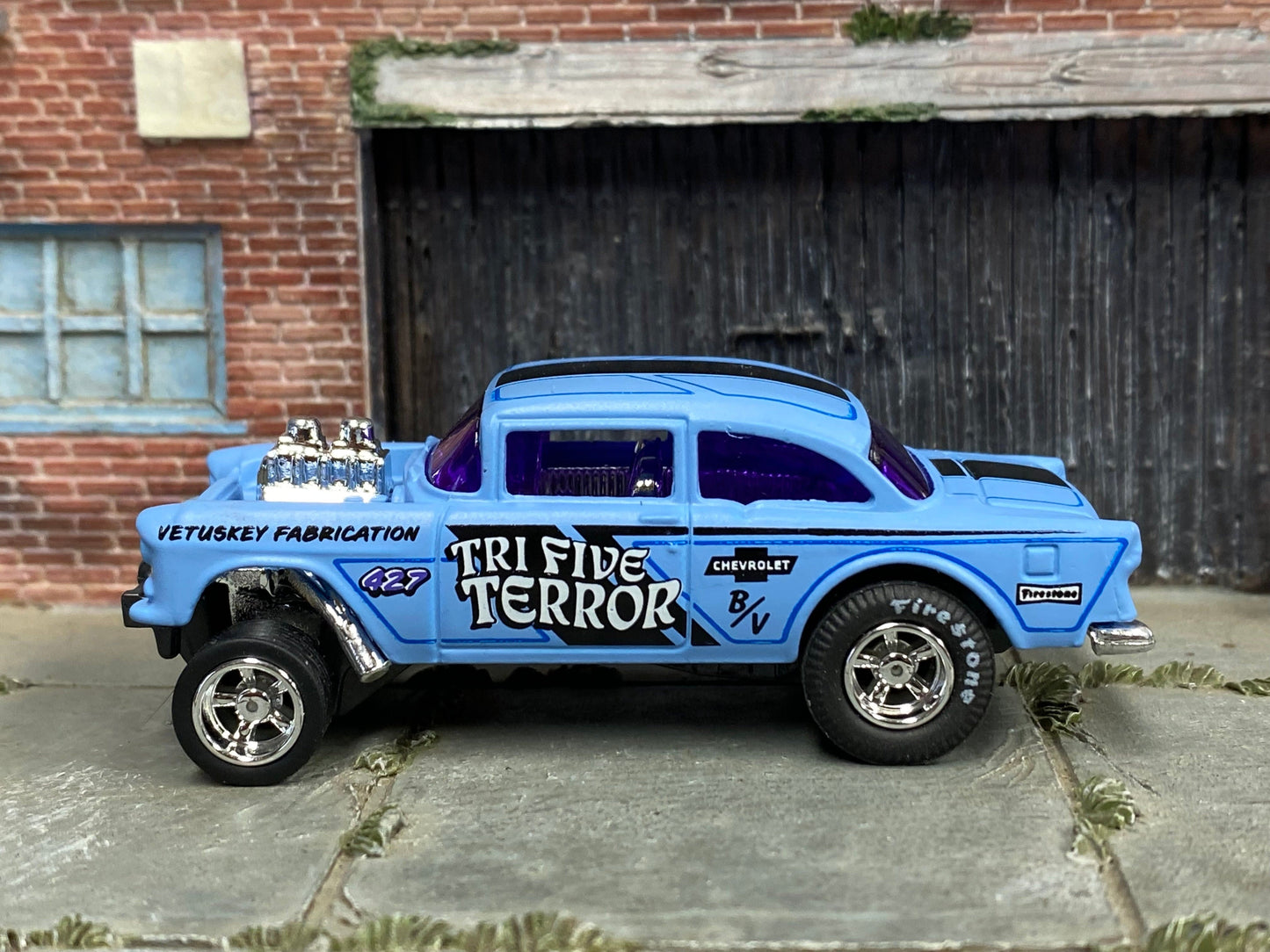 Custom Hot Wheels - 1955 Chevy Gasser - Blue and Black Tri-Five-Terror - Chrome AMR Wheels - Firestone Slicks