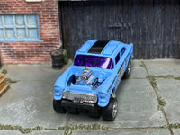 Tri-Five-Terror Chevy Gasser custom Hot Wheels, front view with chrome exposed engine