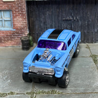 Custom Hot Wheels - 1955 Chevy Gasser - Blue and Black Tri-Five-Terror - Chrome AMR Wheels - Firestone Slicks
