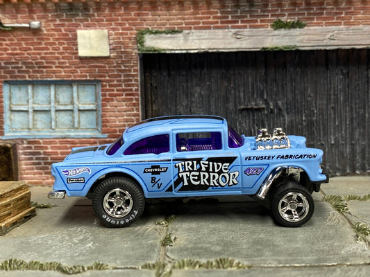 Custom Hot Wheels - 1955 Chevy Gasser - Blue and Black Tri-Five-Terror - Chrome AMR Wheels - Firestone Slicks