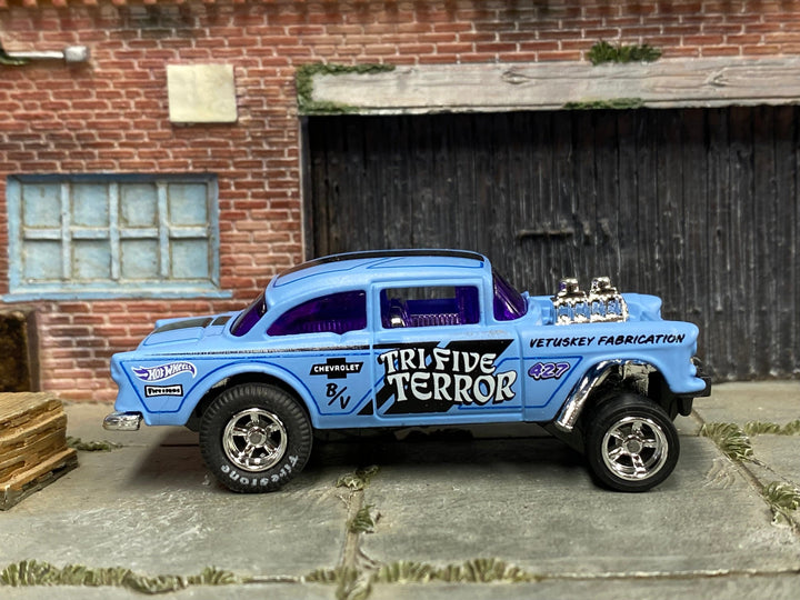 Custom Hot Wheels - 1955 Chevy Gasser - Blue and Black Tri-Five-Terror - Chrome AMR Wheels - Firestone Slicks