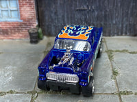 Blue flame Chevy Gasser custom Hot Wheels, front view with chrome exposed engine