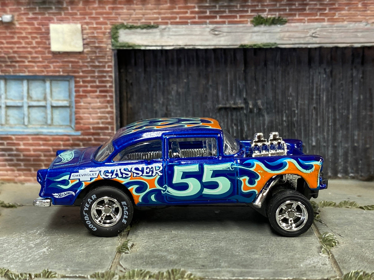 Metallic-blue No. 55 Chevy Gasser custom Hot Wheels, left side with flame graphics