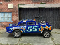 Metallic-blue No. 55 Chevy Gasser custom Hot Wheels, left side with flame graphics