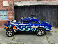 Metallic-blue No. 55 Chevy Gasser custom Hot Wheels, right side with Goodyear Eagle slicks
