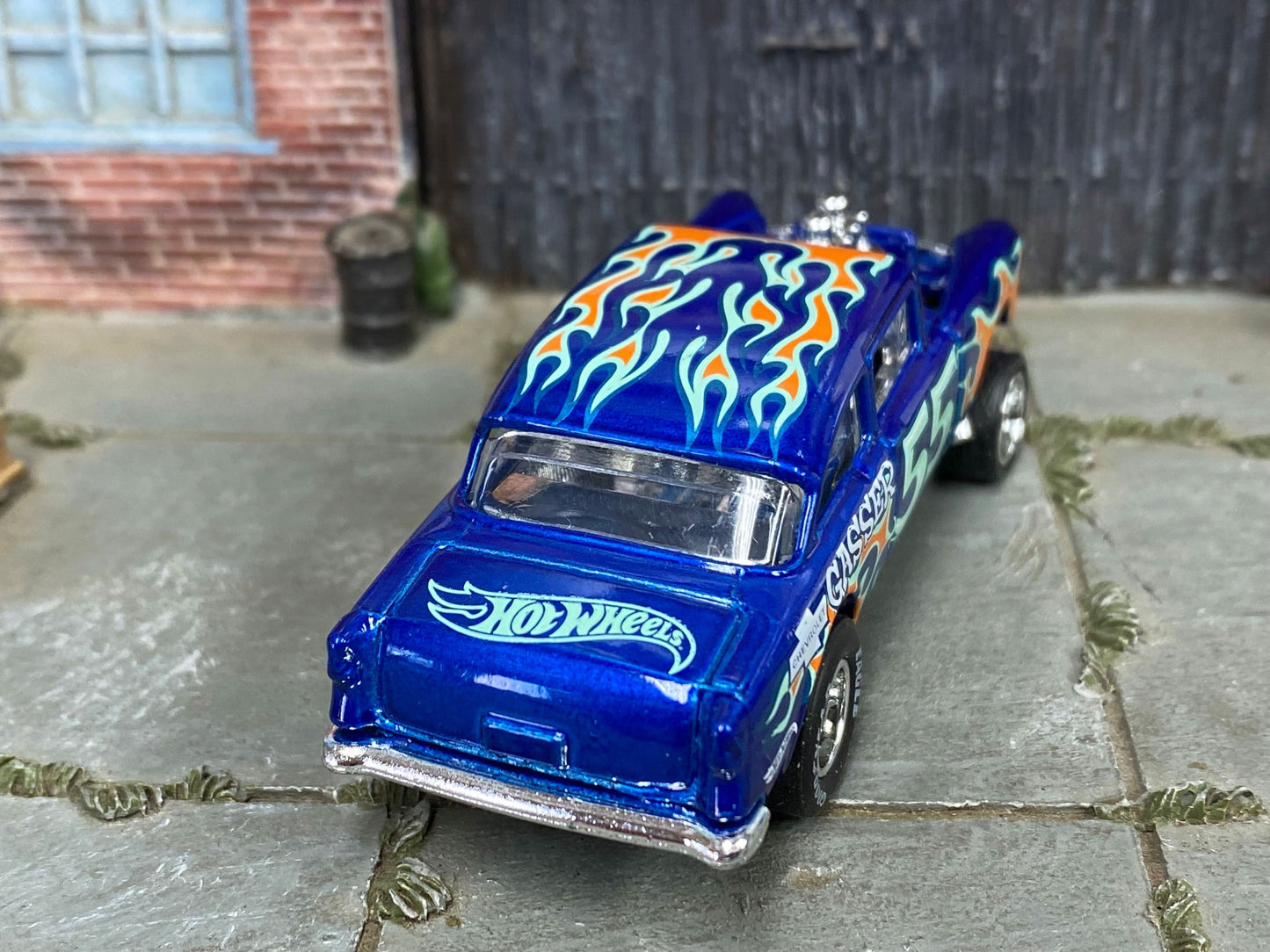 Custom Hot Wheels - 1955 Chevy Gasser - Blue with Flames-Five - Chrome AMR Wheels - Goodyear Slicks
