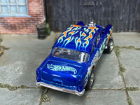 Blue No. 55 flame Chevy Gasser custom Hot Wheels, rear view with Hot Wheels logo