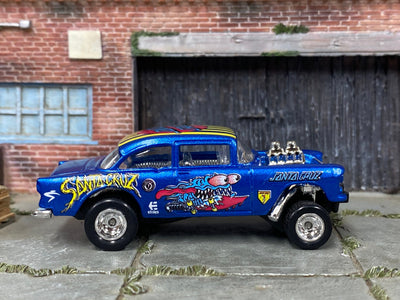 Custom Hot Wheels - 1955 Chevy Gasser Drag Car - Custom Blue SANTA CRUZ - Chrome Steel Wheels with Big Rubber Tires