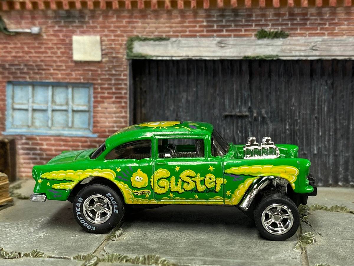 Green Guster 1955 Chevy Gasser custom Hot Wheels, left side with chrome AMR wheels