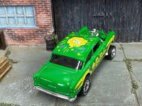 Green Guster Chevy Gasser custom Hot Wheels, rear view with roof character graphic