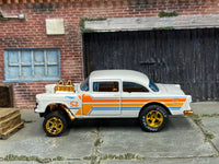Pearl-white No. 52 Chevy Gasser custom Hot Wheels, right side with striped graphics