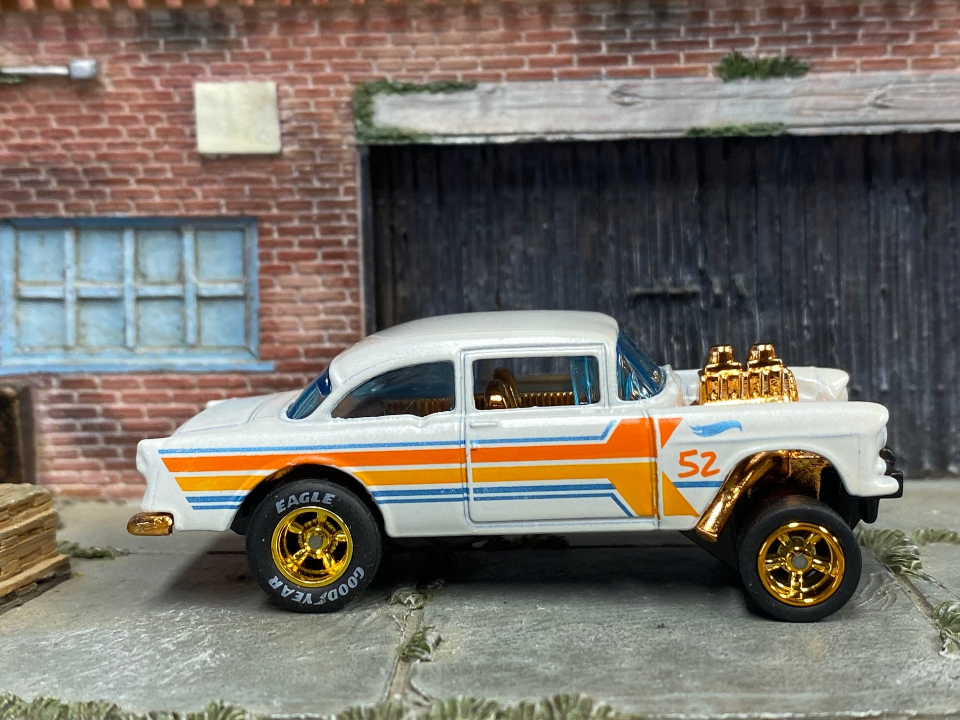 Custom Hot Wheels - 1955 Chevy Gasser - Pearl and God 52 Years - Gold AMR Wheels - Goodyear Slicks