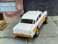 Pearl-white No. 52 Chevy Gasser custom Hot Wheels, rear view with blue glazing