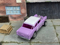 Purple-and-white Triassic-Five Chevy Gasser custom, rear view with magenta glazing