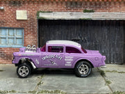Custom Hot Wheels - 1955 Chevy Gasser - Purple and White Triassic-Five - Chrome AMR Wheels - Goodyear Slicks