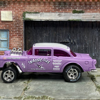 Custom Hot Wheels - 1955 Chevy Gasser - Purple and White Triassic-Five - Chrome AMR Wheels - Goodyear Slicks