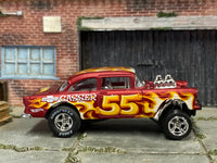Satin-red No. 55 Chevy Gasser custom Hot Wheels, left side with Goodyear Eagle slicks