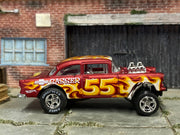 Custom Hot Wheels - 1955 Chevy Gasser - Satin Red with Flames-Five - Chrome AMR Wheels - Goodyear Slicks