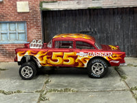 Satin-red No. 55 Chevy Gasser custom Hot Wheels, right side with Chevrolet graphics