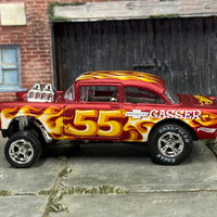 Custom Hot Wheels - 1955 Chevy Gasser - Satin Red with Flames-Five - Chrome AMR Wheels - Goodyear Slicks