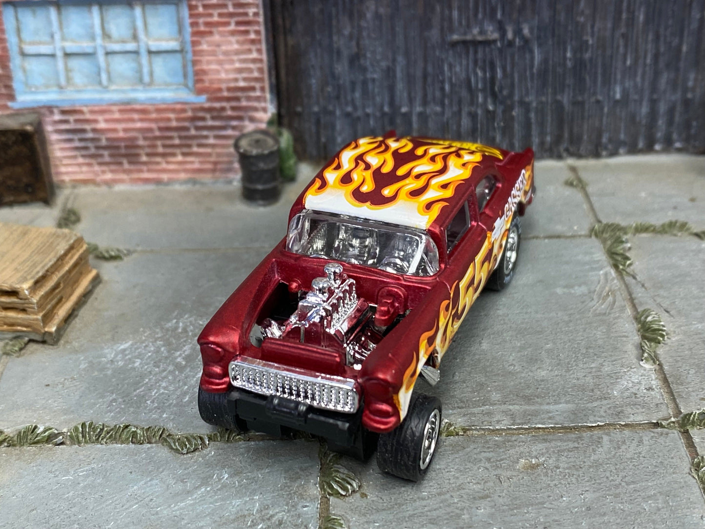 Custom Hot Wheels - 1955 Chevy Gasser - Satin Red with Flames-Five - Chrome AMR Wheels - Goodyear Slicks